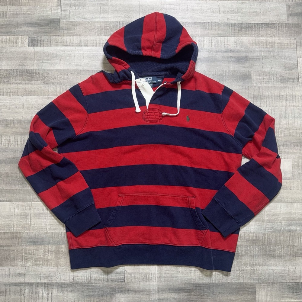 VTG Polo Ralph Lauren Rugby Hoodie Red White Striped Men's 2XL Sweatshirt 90s